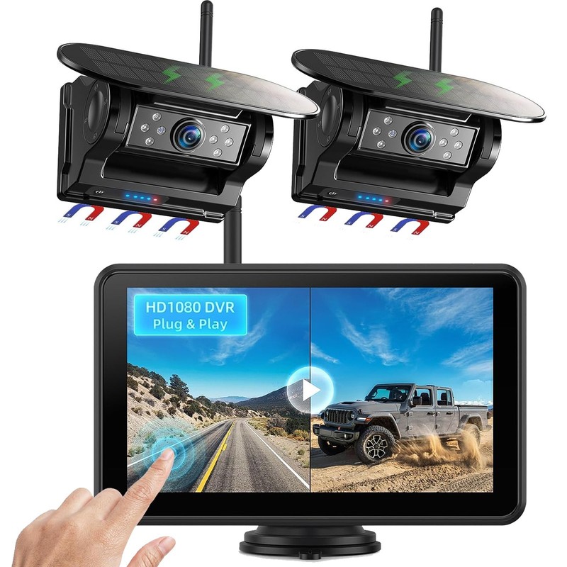 2 Magnetic Solar Wireless Backup Camera 7" Touchscreen DVR BSD for Trailer/Truck