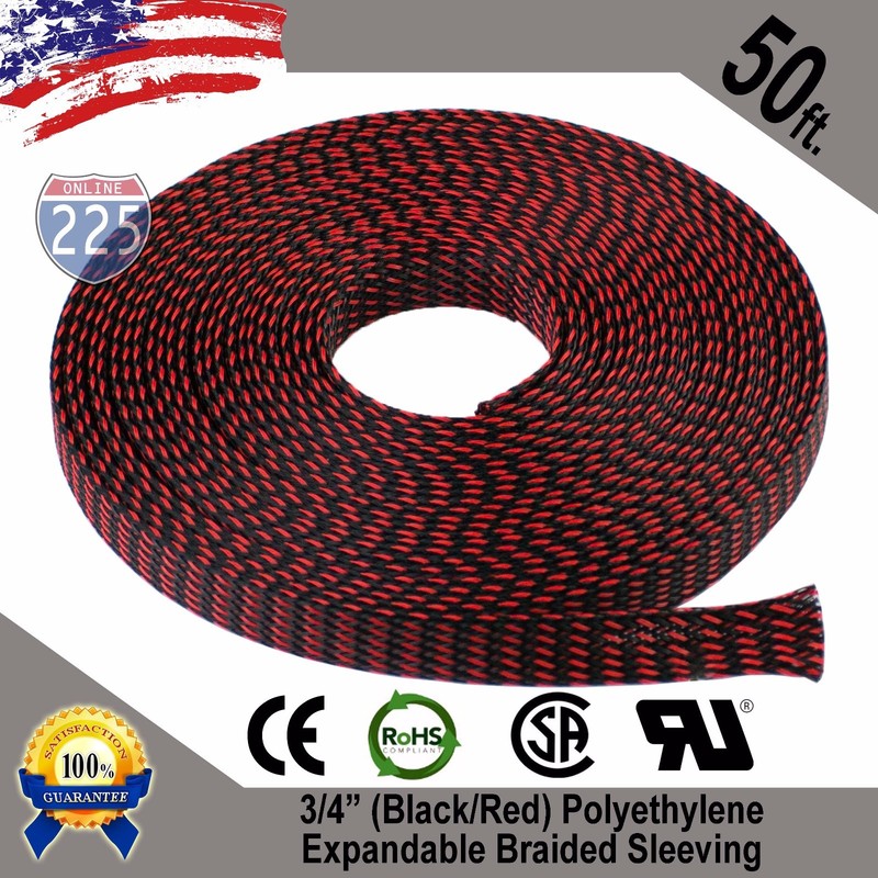 50 FT 3/4″ Black Red Expandable Wire Sleeving Sheathing Braided Loom Tubing US