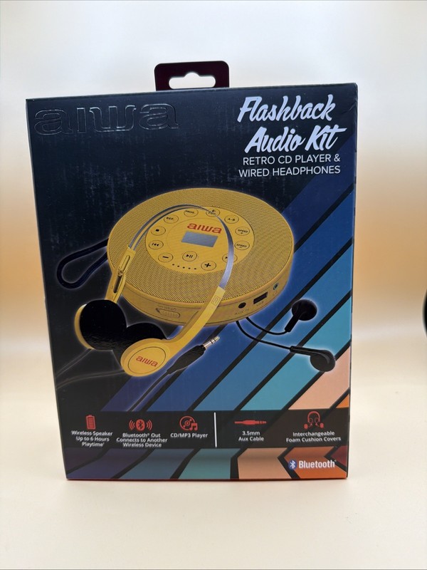 Aiwa Flashback Audio Kit Retro CD Player Wired Headphones NEW IN BOX Yellow