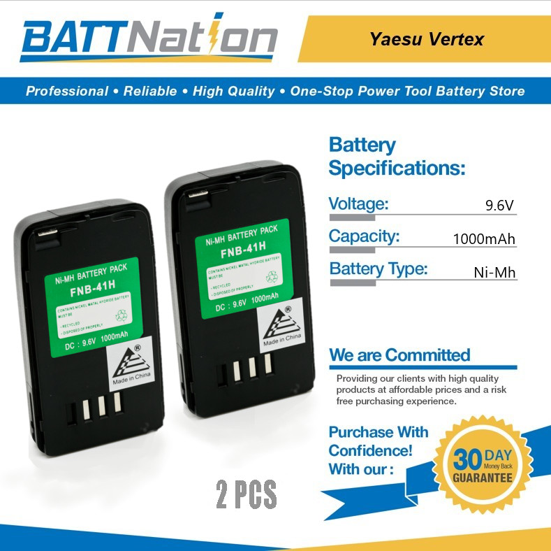 2x 9.6V 1000mAh NiMh battery for Yaesu Vertex FNB-41, FNB-42, FT-40, VXA-100