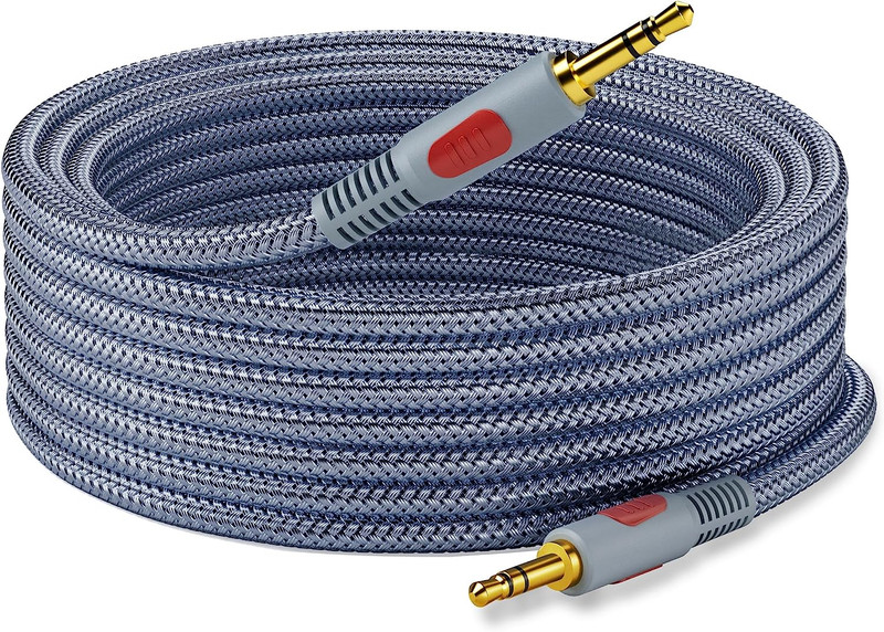 Cable de audio auxiliar de 3,5 mm de 30 pies, cable trenzado AUX de 3,5 mm a 3,5