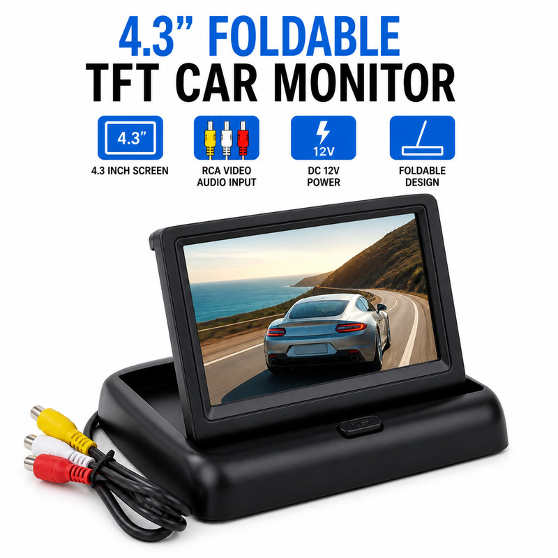 4.3″ Foldable TFT LCD Car Monitor Dashboard Screen Dual RCA Video Input 12V