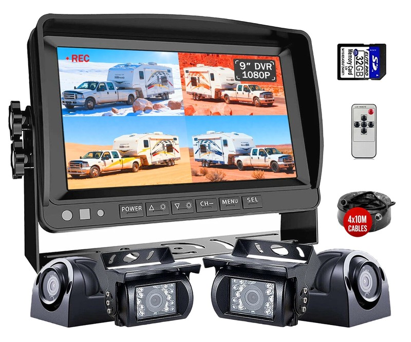 4PIN 4x 1080P Backup Cameras +9″ QUAD Monitor DVR for RVs, Trucks, and Trailers