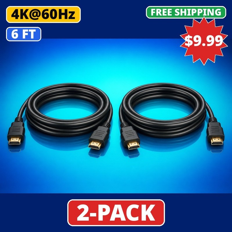 HDMI Cable 6FT 4K 2 Pack High Speed for TV Monitor PS5 PS4 Xbox Roku Fire Stick