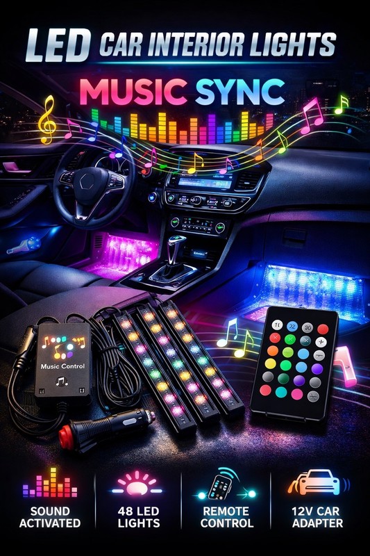LED Car Interior 4pc, LED Light Strips Auto Car Interior Light LED Music Lightin