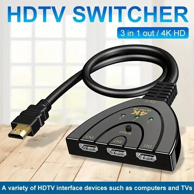 4K HDMI Switch 3 Port, HDMI Splitter Switcher Hub, 4K, Plug and Play,