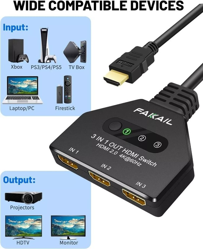 2FT 4K HDMI 2.0 Cable Auto Switch Switcher Splitter Adapter 3 In-1 Out Device gallery