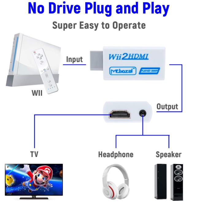 Adaptador convertidor de Wii a HDMI 1080P vídeo conector y 3.5 mm estéreo audio gallery