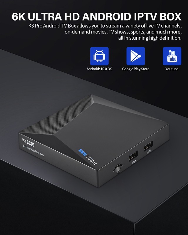 We2USat K3 PRO Android TV Box 6K HD, Voice Remote, Google Play, Streaming Device gallery
