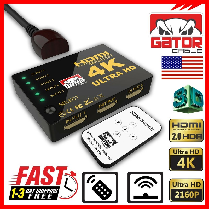 4K HDMI 2.0 Cable Splitter Switcher Box Hub IR Remote Control 5X1 Power 5 to 1 gallery