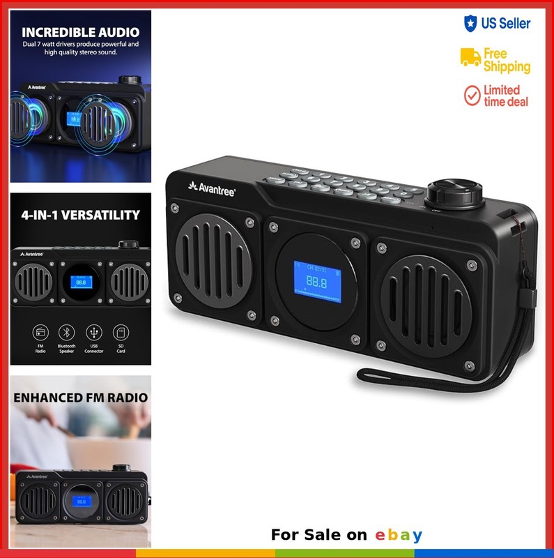 Portable FM Radio Bluetooth Speaker 14W Dual Drivers 18H Battery USB SD MP3