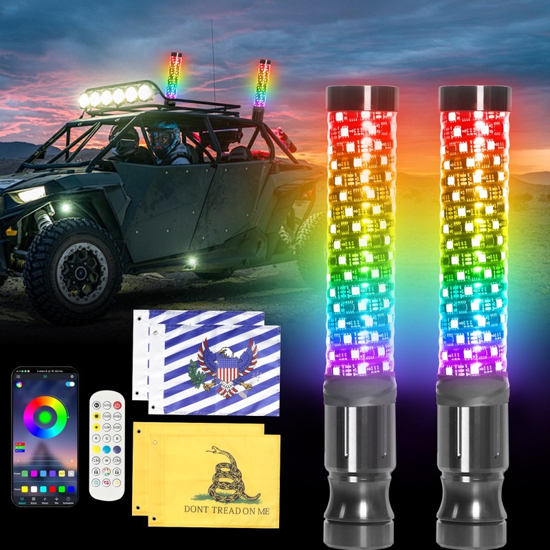 2x 1~3FT Thick LED Whip Spiral Chasing RGB Fat Whip Light For Can Am Polaris RZR