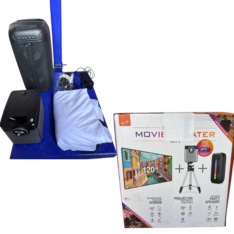 Pop-Up Movie Theater Kit 120″ Screen Projector Bluetooth Speaker Tripod Bundle