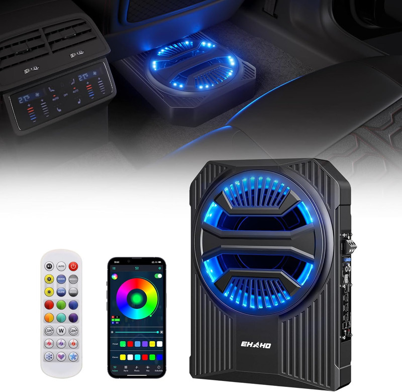 10″ 1600W Slim under Seat Car Subwoofer with Amp, Class D MOSFET Amp & RGB Light