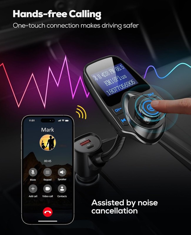 Nulaxy KM18 Bluetooth 5.4 Car Adapter with 1.44" Clear Display & Flexible Goosen gallery