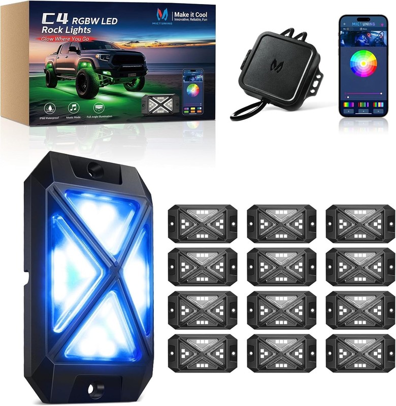 MICTUNING C4 12 Pods RGBW Rock Lights,Underglow Neon Light Bluetooth Controll