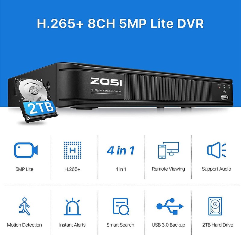 ZOSI CCTV H.265+ 5MP Lite 4-in-1 DVR Home Surveillance 0-2TB For Security Camera