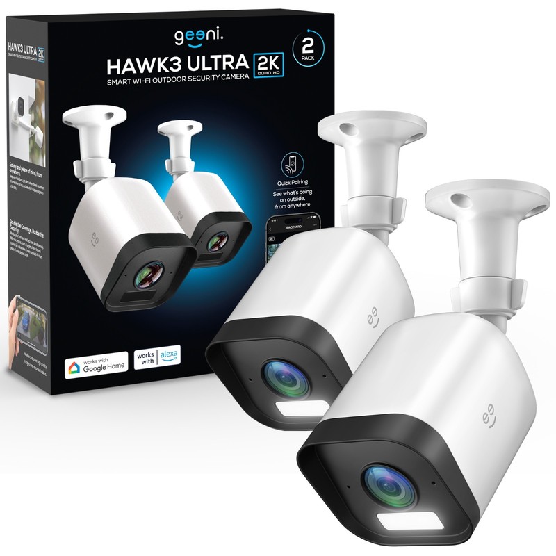 Geeni Hawk 3 Ultra 2K Wi-Fi Outdoor Cameras w Alexa Google Voice Control  2 Pack