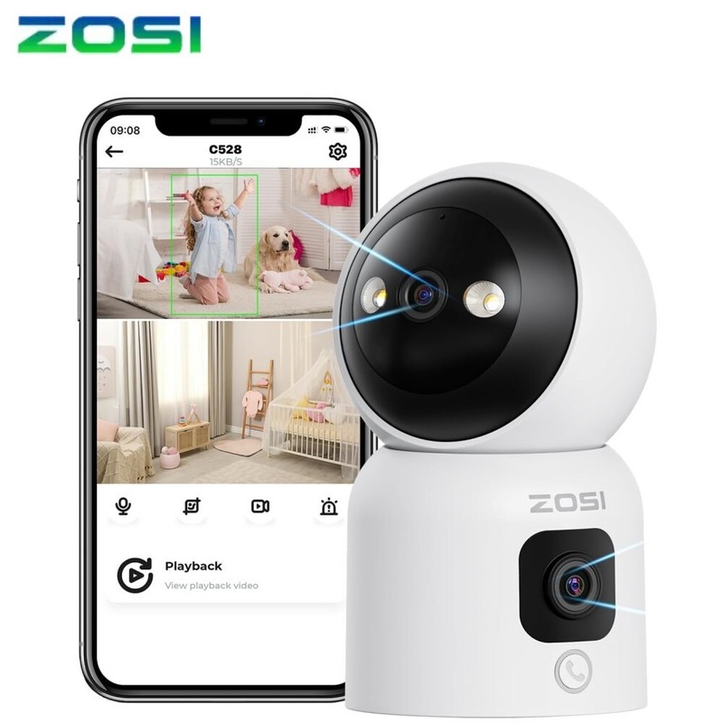 ZOSI 2K C528D 2MP+2MP Wifi 360° Views Pan/Tilt Security Dual-Lens Camera Audio