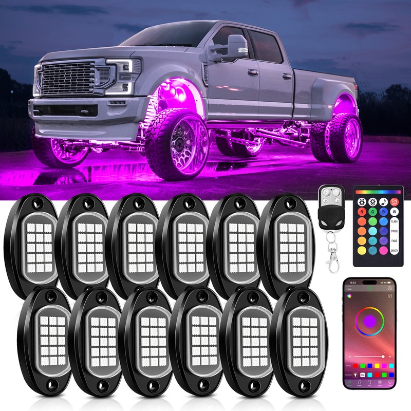 12 Pods RGB LED Rock Lights, Bluetooth Remote & Fob Control Underbody Glow Light