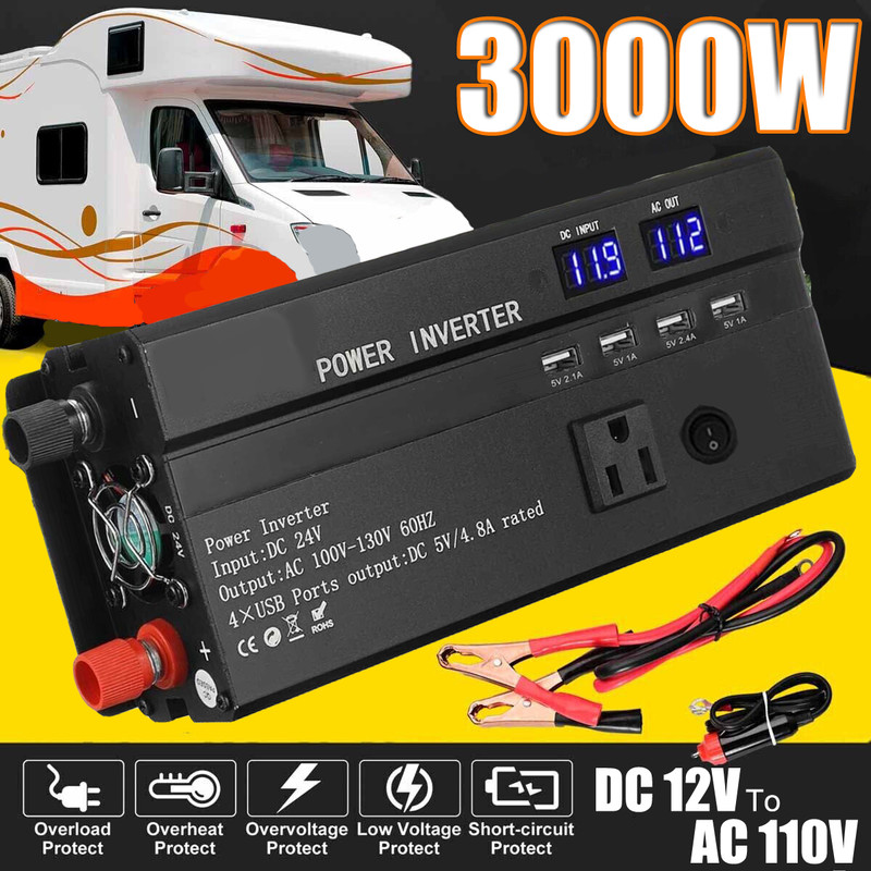 3000W Power Inverter DC 12V to AC 110V Car Pure Sine Wave Solar Converter 4 USB