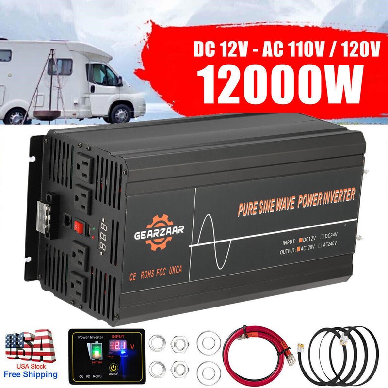 12000W Car Power Inverter DC 12V To AC 110V Pure Sine Wave Solar Converter LCD-