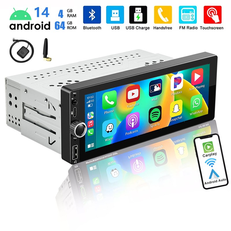 Single 1 Din 6.86″ Car Stereo Radio Apple CarPlay Android 14 2+64G BT FM GPS USB
