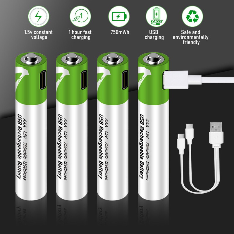 Paquete De 4 Baterias USB Recargables 2600mwh AA AAA 9V Li-ion Iones litio Pilas