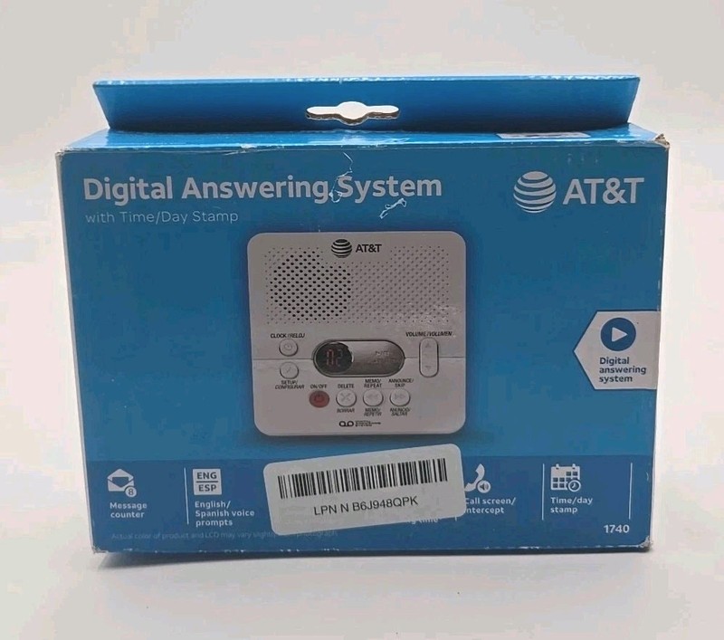 AT&T 1740 Digital Answering System With Time and Day Stamp White. New Open Box.