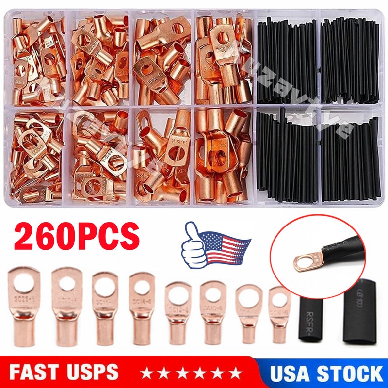 140/240X Battery Cable Lug Tinnrd Copper Ring Crimp Terminals Wire Connector Kit