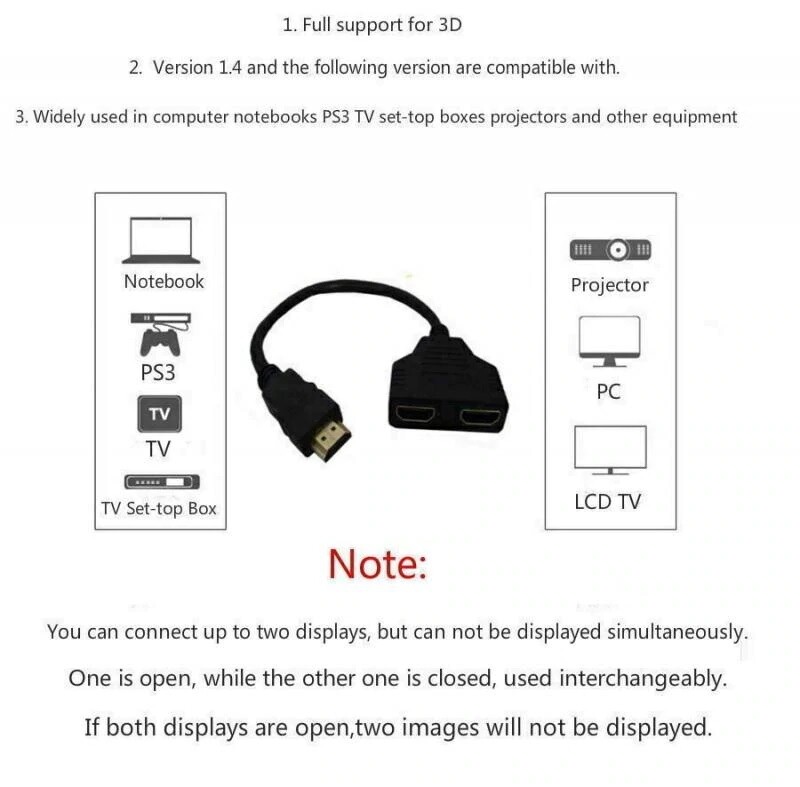 HDMI Port Male to Female 1 Input 2 Output Splitter Cable Adapter Converter 1080P gallery