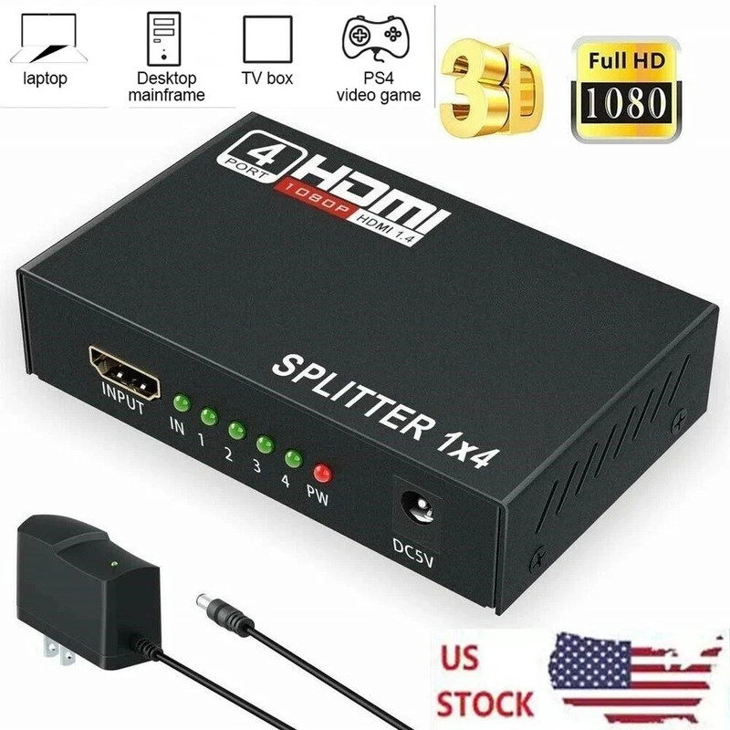 HD 4K 4 Port HDMI Splitter 1×4 Repeater Amplifier 1080P 3D Hub 1 In 4 Out