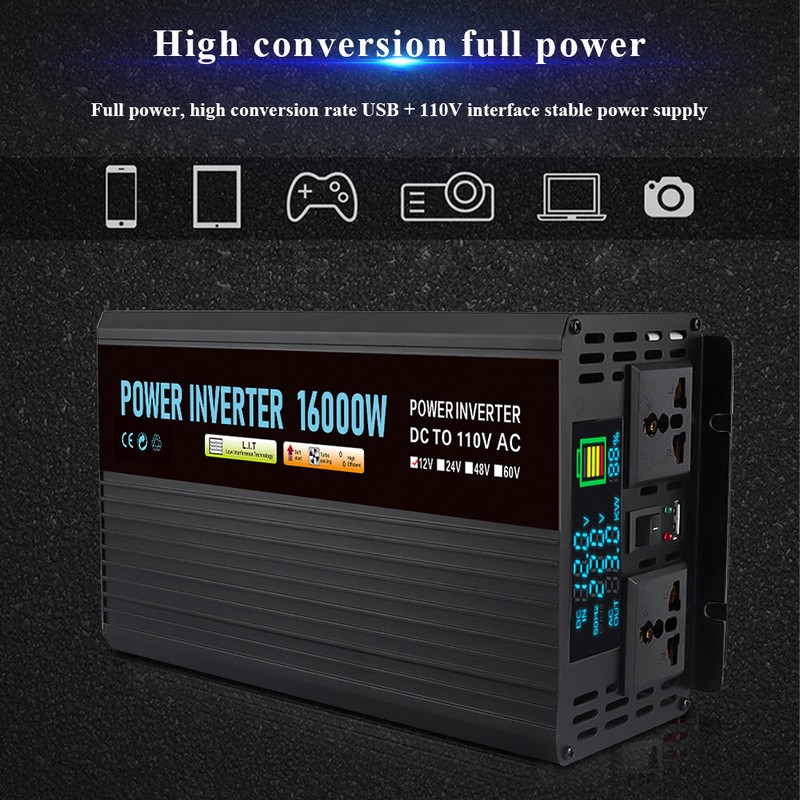 16000W Car Power Inverter DC 12V To AC 110V Pure Sine Wave Solar Converter LCD
