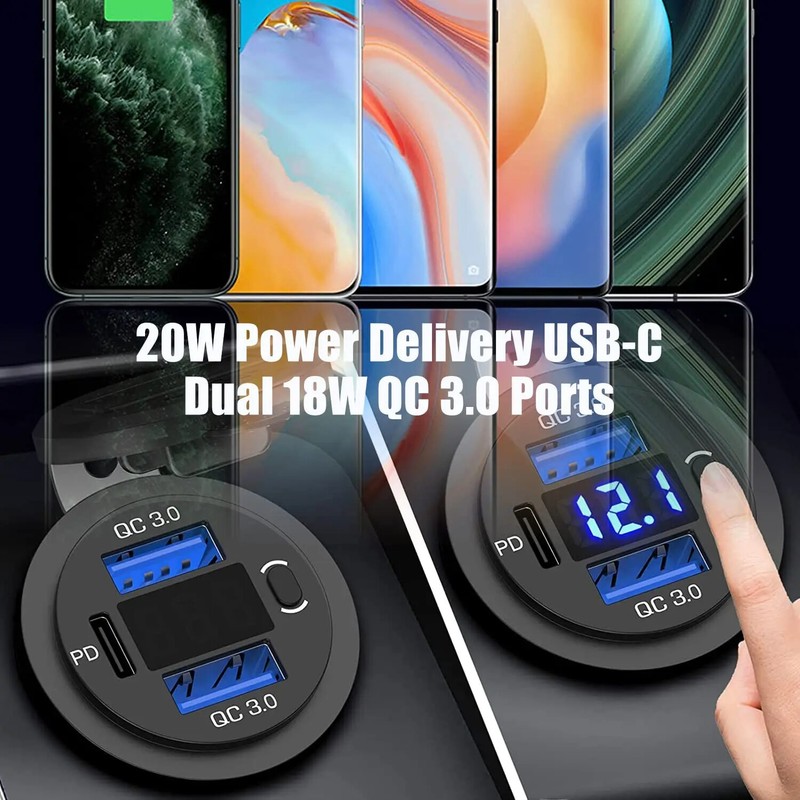 12V-24V PD+QC3.0 Dual USB Car Fast Charger Power Socket Outlet LED Voltmeter LOT gallery