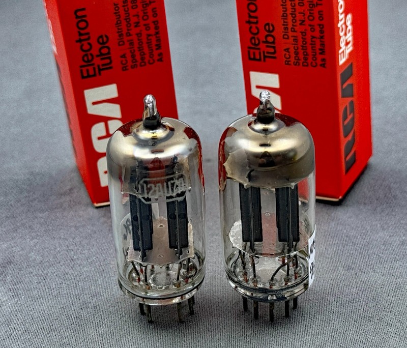 (2) RCA 12AU7A Tubes Long Black Plates Angled Square Getters Test NOS Amplitrex