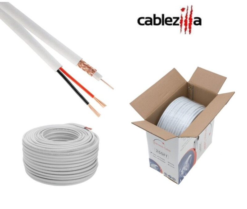 RG59 Siamese Coaxial Cable 20AWG 18/2 CCTV/Security Camera Wire 250FT White