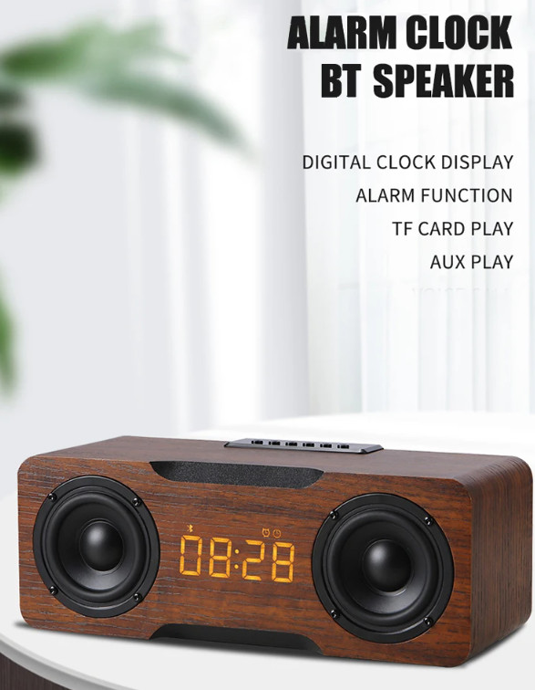 Portable Retro 24W Dual Amplifier Bluetooth Wooden Oak Wireless Speaker Alarm gallery