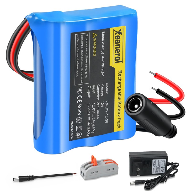 12V 2600mAh Rechargeable Li-ion Battery Pack with Charger, Bare Leads Wire Repla