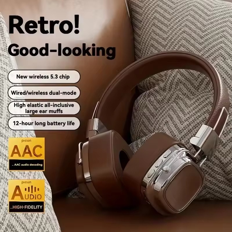 Retro Stereo Gaming Wireless Bluetooth 5.3 Foldable Over Ear Leather Headphones gallery