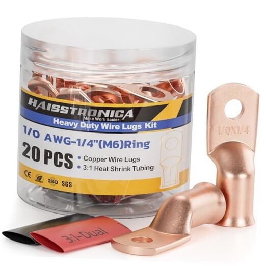 10pcs 1/0 AWG – 1/4″(M6) Battery Cable 1/0 AWG- 1/4″(M6) Ring Bare Copper