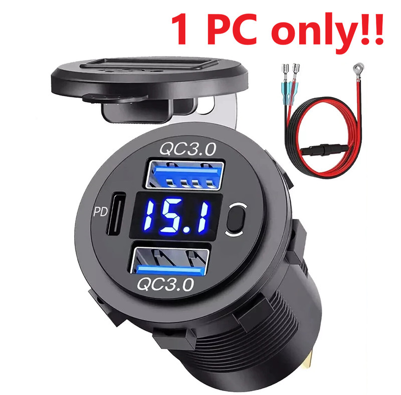 2x 12V-24V PD+QC3.0 Dual USB Car Fast Charger Power Socket Outlet LED Voltmeter