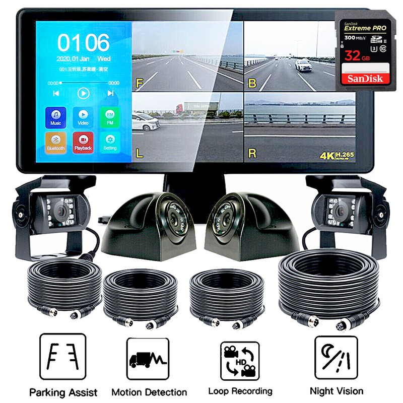 32GB 10″ Quad Monitor 360° Parking System DVR backup HD Cameras For Truck RV BUS