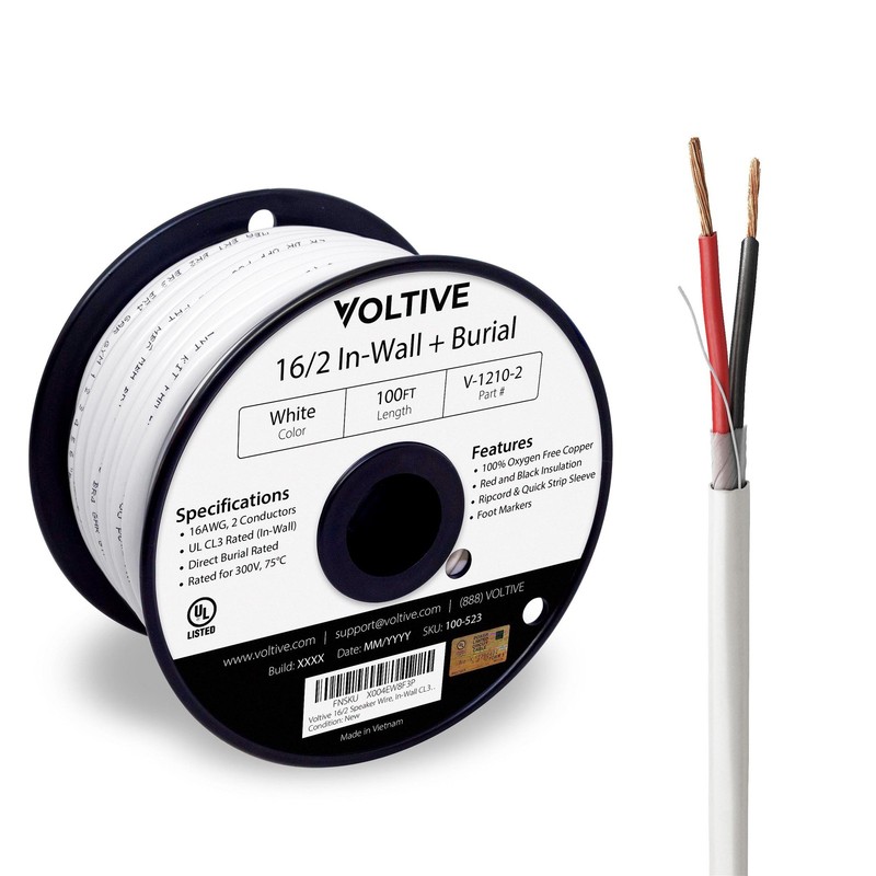Voltive 16/2 Speaker Wire, In-Wall CL3 & Direct Burial, White, 100ft