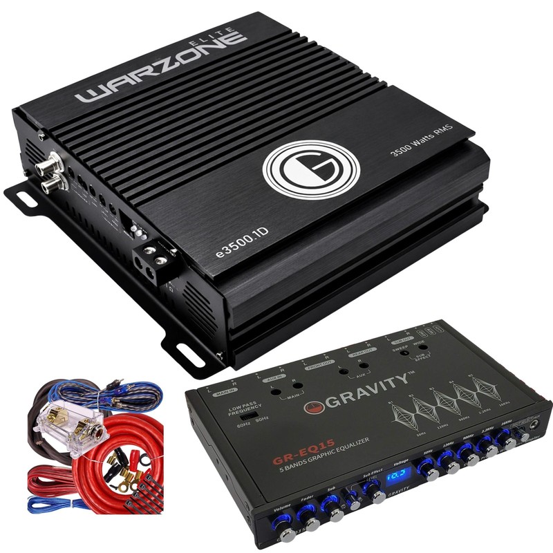 Gravity E3500.1D Warzone 3500W Car Amplifier + GR-EQ15 Equalizer + Wiring Kit