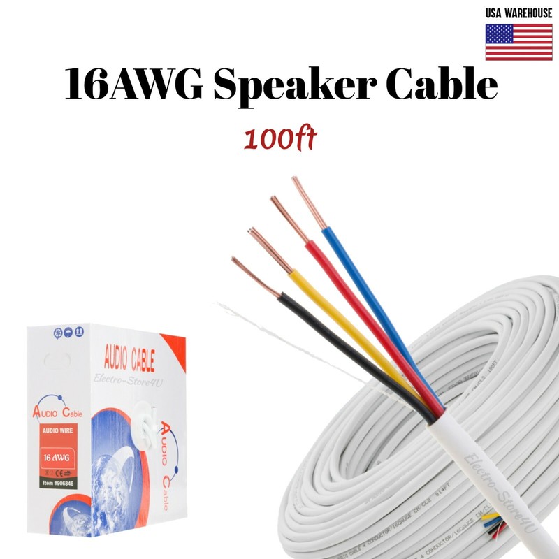 16AWG Speaker Cable 100ft CL2 In Wall 16/4 Gauge 4 Conductor Bulk Audio Wire New