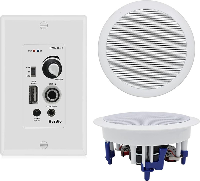 Herdio 5.25″ 300W Home Store In Ceiling Speakers+Wall Mount Bluetooth Amplifier