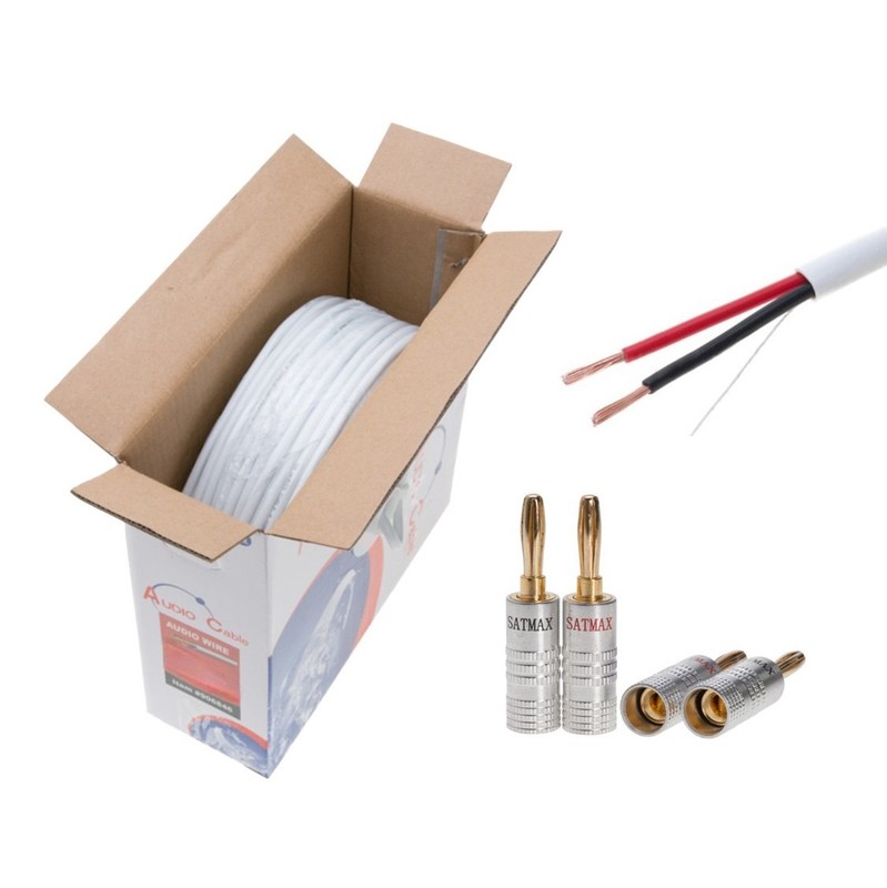 250FT 12/2 AWG White Speaker Wire CL2 CCA Audio Cable + 4 Free Banana Plugs