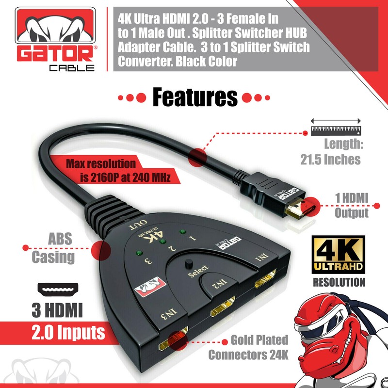 4K HDMI 2.0 Cable Auto Switch Switcher Splitter Adapter 3 In to 1 Out Devices gallery