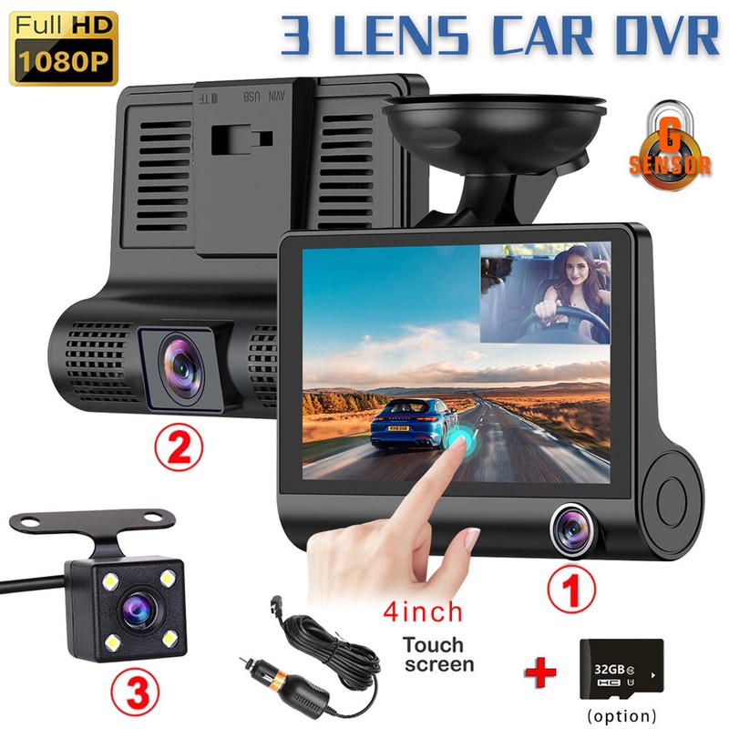 4in LCD 3 Lens Car DVR Camera Dash Cam Front/Rear/Inside Video Recorder G-Sensor
