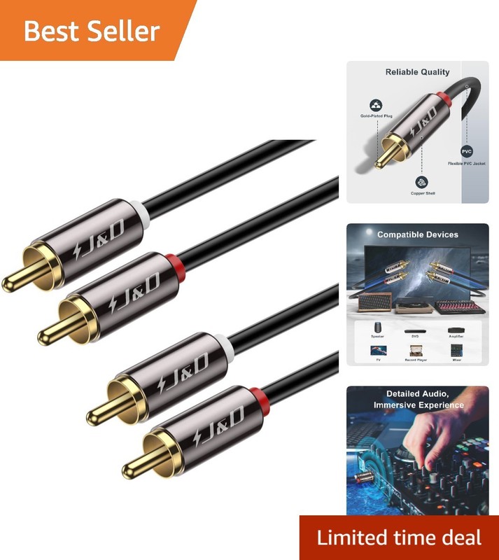 3ft Gold-Plated RCA Male to Male Audio Cable – Tangle-Free Stereo Performance